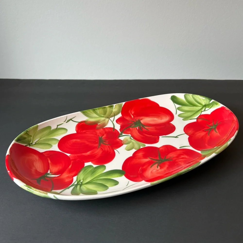 SOLD Vibrant Hand-Painted Ceramic Oval Platter 13", Red Tomatoes, Made in Italy - Picture 6 of 15